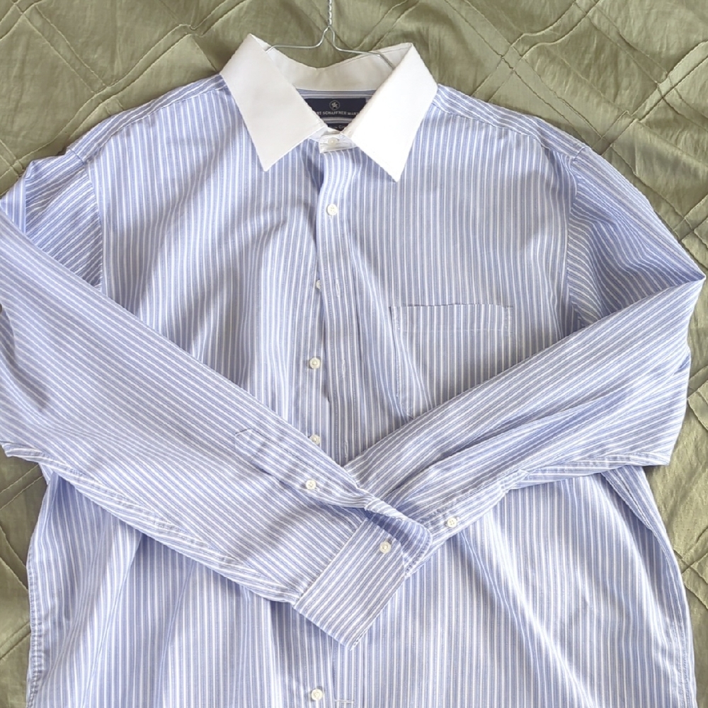 Hart Schaffner Marx Light Blue Pinstripe Shirt with White Collar